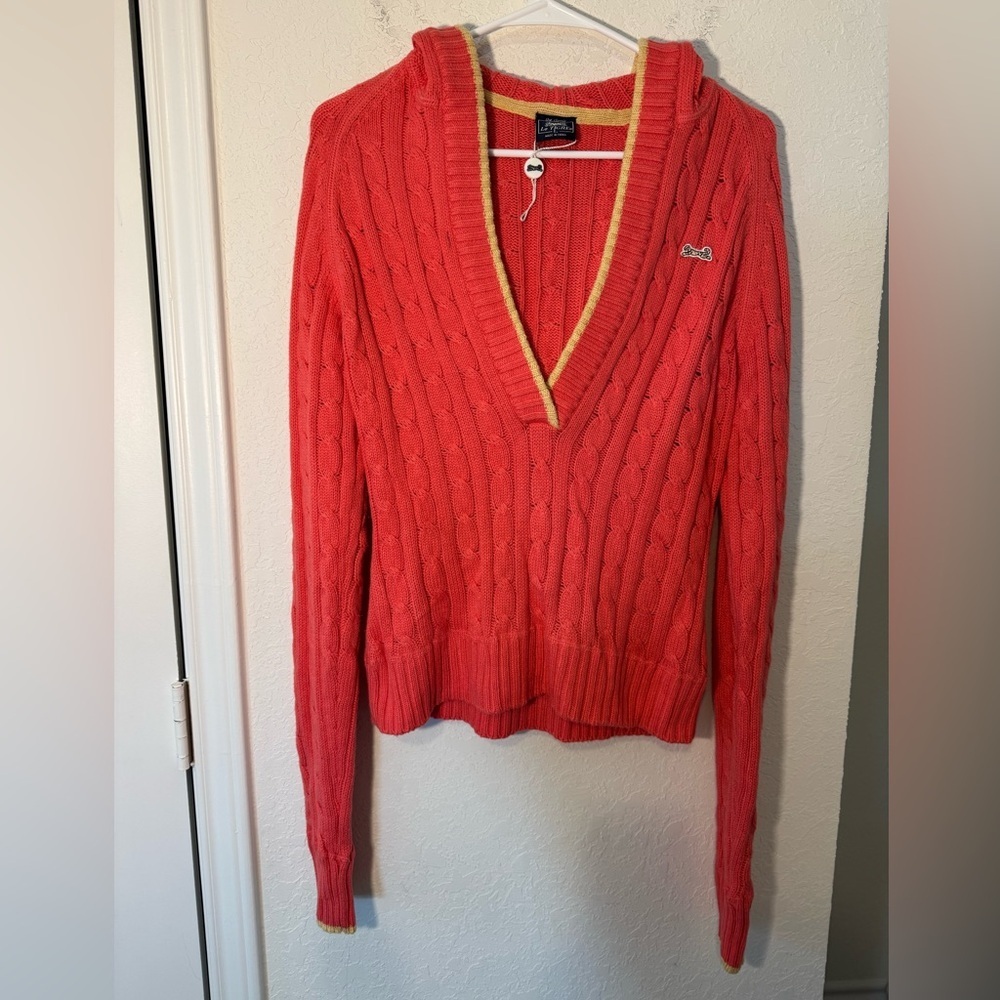 Le Tigre Cable Knit Hooded Sweater Womens Large Pink Y2K Hoodie V Neck Classic
